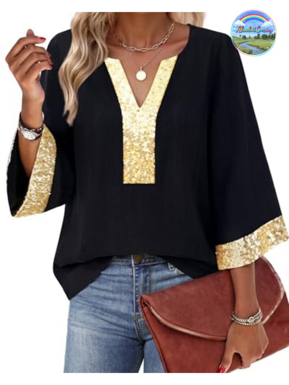 Women's 3/4 Sleeve V Neck Floral Chiffon Blouse Loose Fit Tunic Top